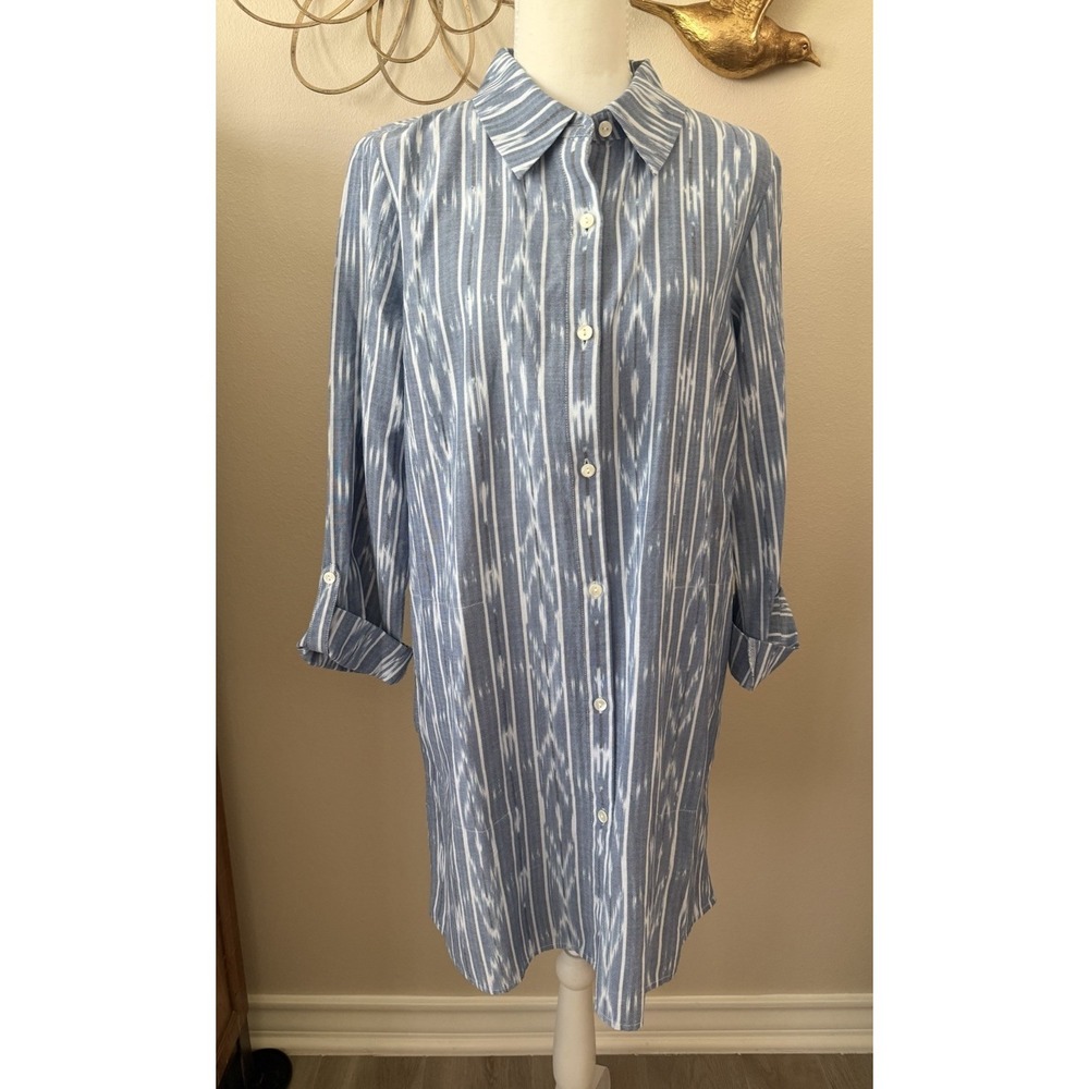 Pure Jill Blue Ikat Stripe Cotton Tunic Shirt Dress Roll Tab Pockets Size S